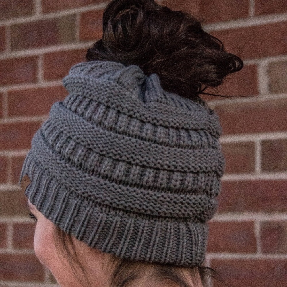 Ponytail/Bun Knit Hat - Grey - OS